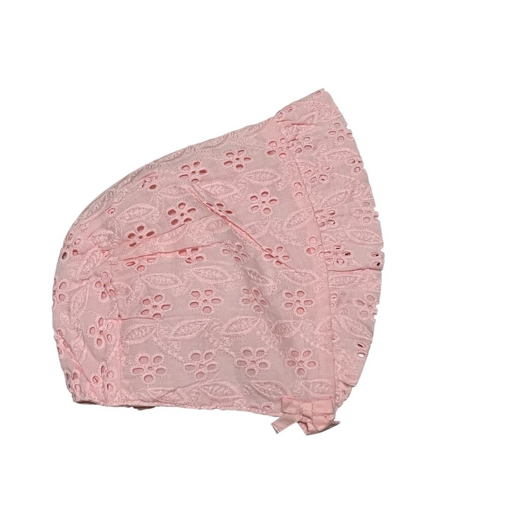 Janie & Jack Eyelet Cut Out Ruffle Hem Bonnet Sun Hat with Strap Sz 18-24 Months